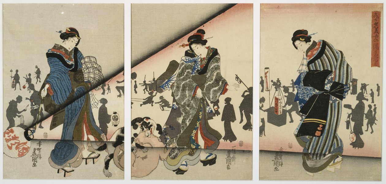 Yökohtaus tyttöjen, eläinten ja lyhtyjen kanssa, 1800-luvun puoliväli (puukiviprintti, triptyykki) tekijältä Utagawa Kunisada