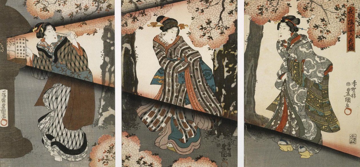 Yökohtaus tyttöjen ja lyhtyjen kanssa tekijältä Utagawa Kunisada