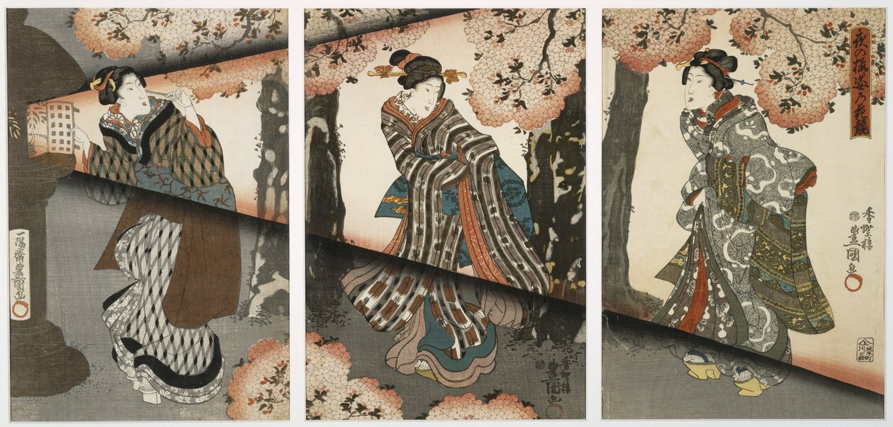 Yökohtaus tyttöjen ja lyhtyjen kanssa, 1800-luvun puoliväli (puukiviprintti, triptyykki) tekijältä Utagawa Kunisada
