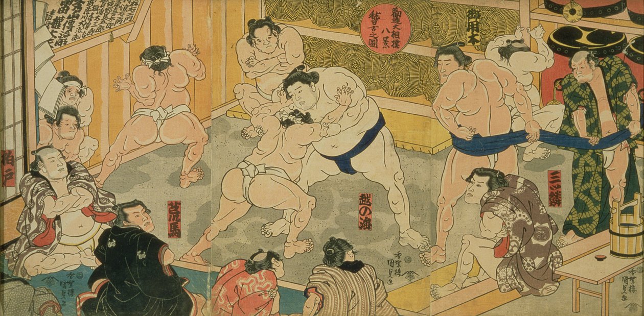 Yksi kahdeksasta näköalasta Kanjin Sumolle, pubille. kirjoittanut Tsutaya, 1800-luku, (triptyykki, oban-kokoinen, värillinen puupainatus) tekijältä Utagawa Kunisada