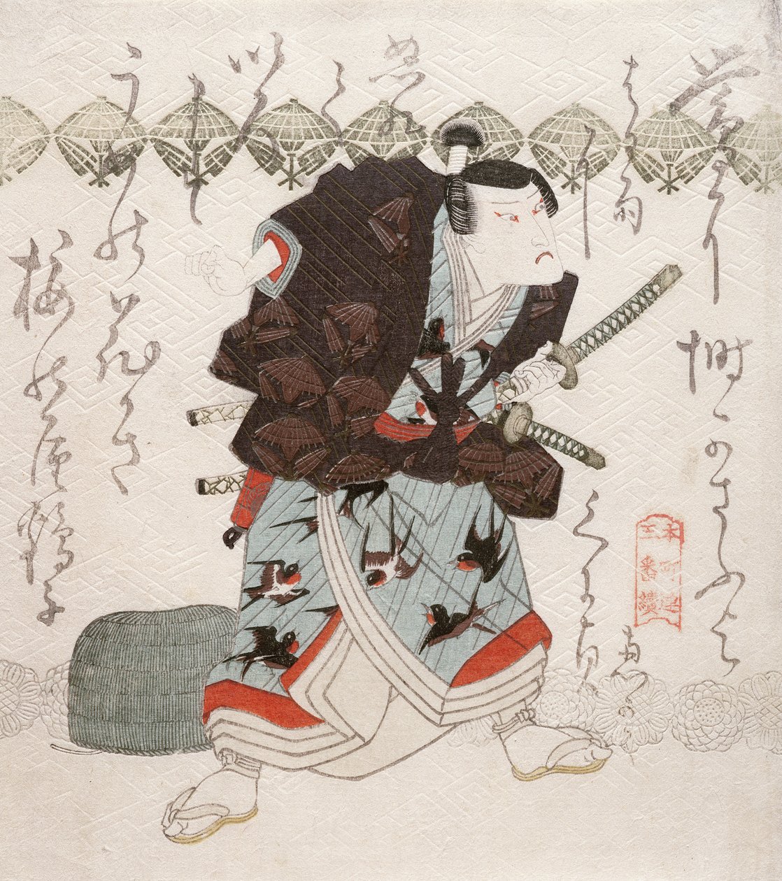 Onoe Kikugoro III Nagoya Sanzan roolissa Saya-ate-kohtauksessa (huotreiden yhteentörmäys), n. 1827-1830 (värillinen puupainatus) tekijältä Utagawa Kunisada