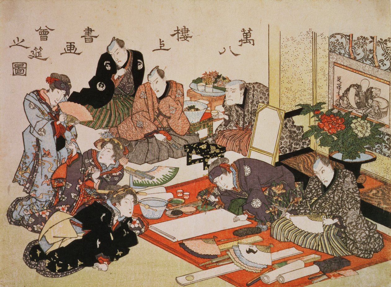 P.62-1938 Maalaus- ja kalligrafiajuhlat Manpachiron teehuoneessa, 1827 (värillinen puupalikkaprintti) (katso oheiskuva 69775) tekijältä Utagawa Kunisada