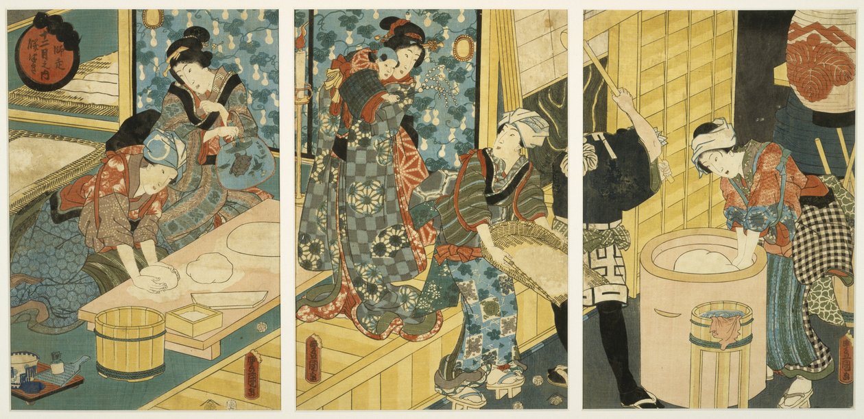 Valmistautuminen uudenvuodenpäivään (Pounding Mochi), 1800-luvun puoliväli (puupainatus, triptyykki) tekijältä Utagawa Kunisada