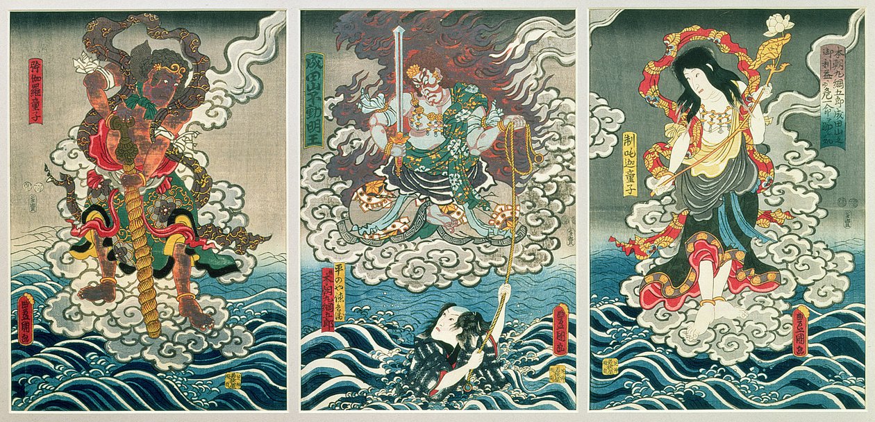 Näyttelijä Ichikawa Ebizo V jumaluutena Fudo Myoo pelastamassa Ichikawa Danjuro VIII:aa Honcho-maru TsunagoroHiranoya Tokubein seurassa muiden näyttelijöiden kanssa kuten Seitaka-Doji ja Kongara-Doji, n. 1850 (väri) tekijältä Utagawa Kunisada