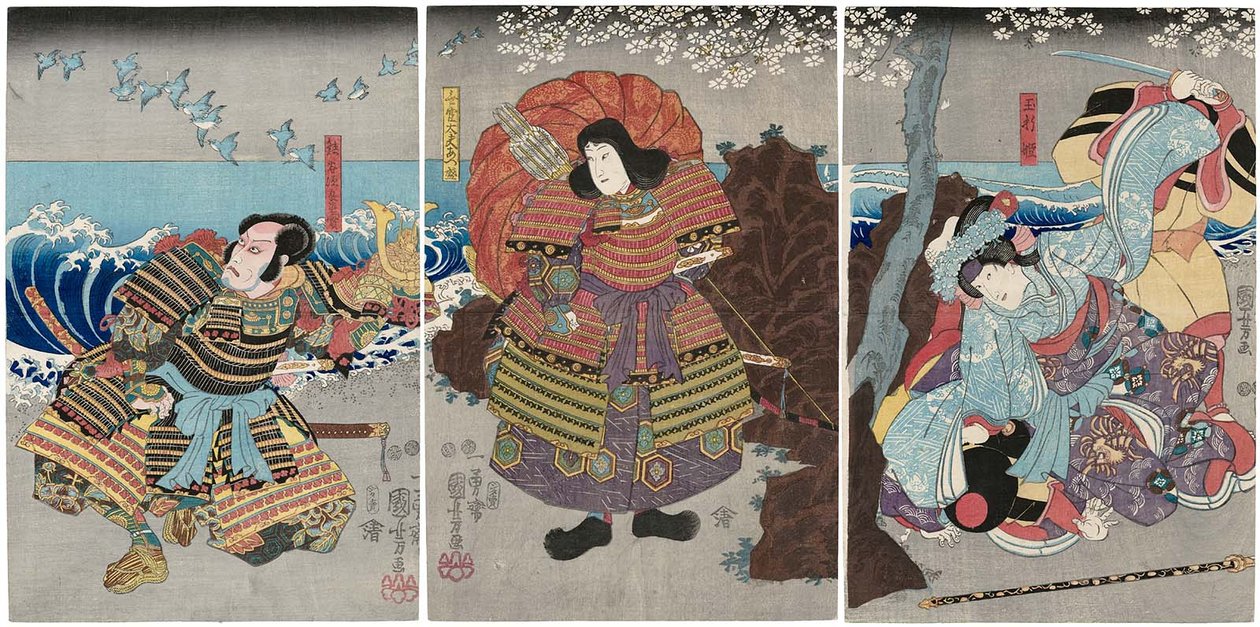 Näyttelijät Iwai Kumesaburo III Tamaori-hime R: nä, Ichikawa Saruzo I Mukan Dayu Atsumori C: nä ja Ichikawa Ebizo V hahmona Kumagai Jiro Naozane L tekijältä Utagawa Kuniyoshi