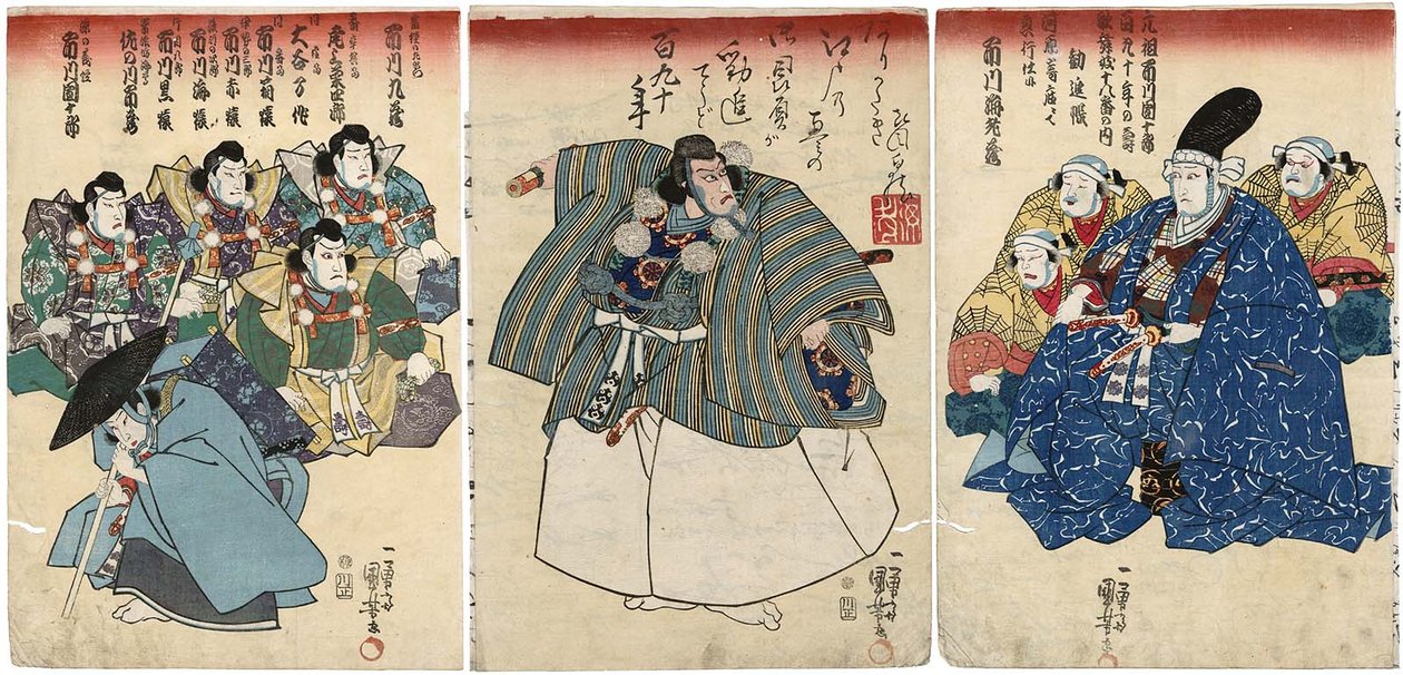 Näyttelijät Kanjinchossa: Ichikawa Kuzo II hahmona Togashi no Saemon R, Ichikawa Ebizo V hahmona Musashibo Benkei C, Ichikawa Danjuro VIII hahmona Minamoto no Yoshitsune L tekijältä Utagawa Kuniyoshi