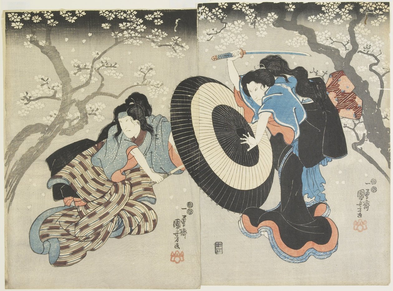 (Kaksi naista taistelemassa kirsikkapuun alla, kohtaus Kabuki-näytelmästä), 1847-1852 tekijältä Utagawa Kuniyoshi