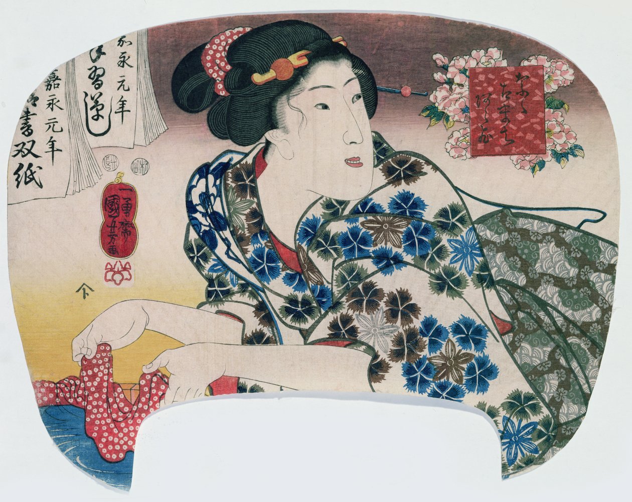 Tyttö pesee kuvioitua kangasta, Seven Kokachi, pub. 1848 (värillinen puupainatus) tekijältä Utagawa Kuniyoshi