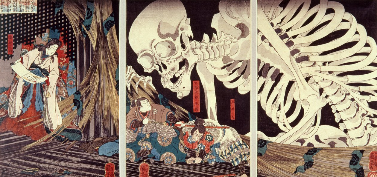 Mitsukuni Defying the Skeleton Spectre, n.1845 (käsinvärinen puupiirros) tekijältä Utagawa Kuniyoshi