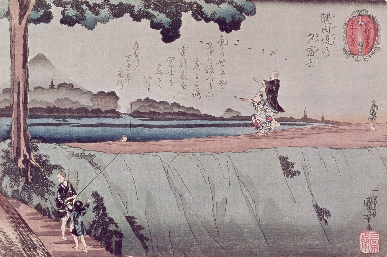Fuji-vuori Sumida-joen rantakadulta, yksi näkymistä Edosta, n. 1842 tekijältä Utagawa Kuniyoshi