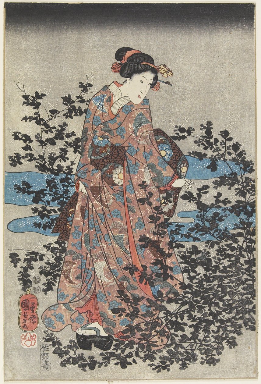 Yökohtaus kaunokaisen ja pensasapilan kanssa, 1847-1852 tekijältä Utagawa Kuniyoshi