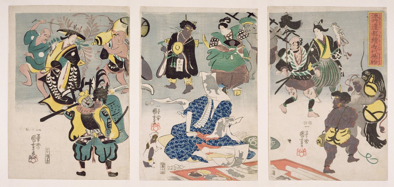 Otsu-e Paintings Coming Alive Triptyykki, n. 1847-52 (puukiviprintti) tekijältä Utagawa Kuniyoshi