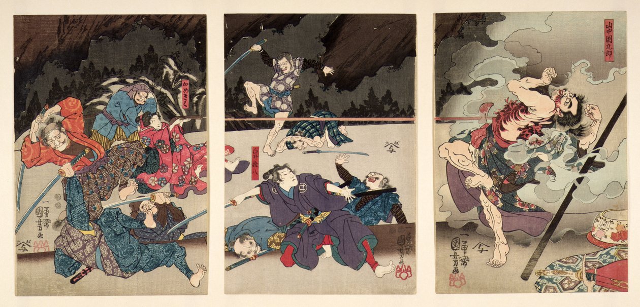 P.216-1955 Yamanaka Dankuron kuolema, triptyykki (puupainatus) tekijältä Utagawa Kuniyoshi
