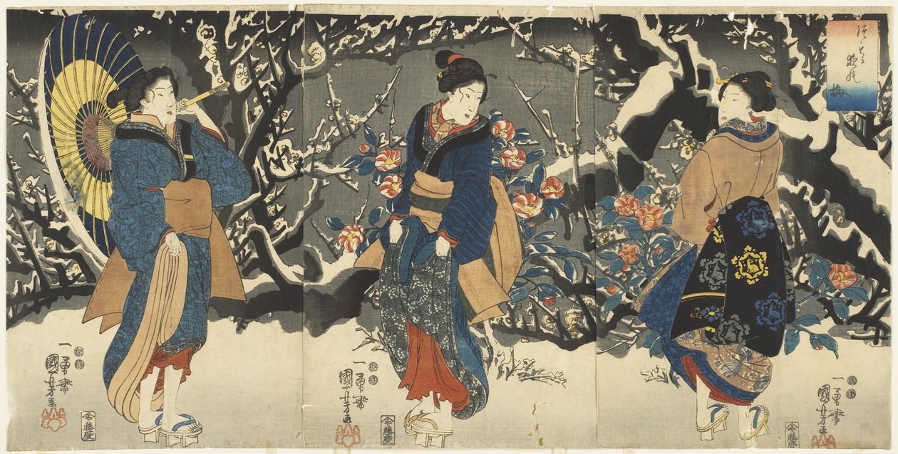 Luumunkukkia iltalumessa, 1847-1852 tekijältä Utagawa Kuniyoshi