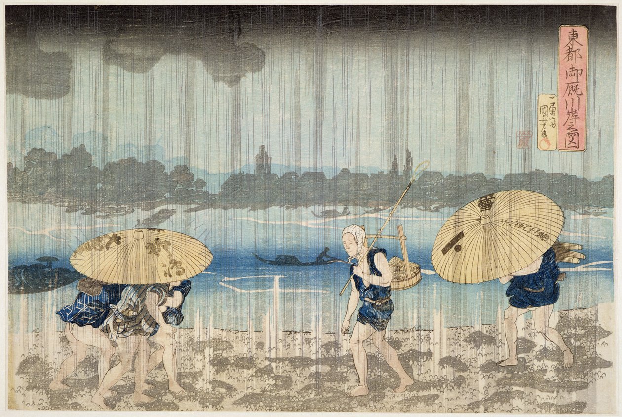 Suihku Sumida-joen rannalla Ommaya-penkereellä Edossa, n. 1834 (puupainatus) tekijältä Utagawa Kuniyoshi