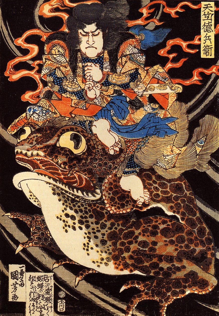Tenjiku Tokubei ratsastaa jättiläisellä rupikonnalla tekijältä Utagawa Kuniyoshi