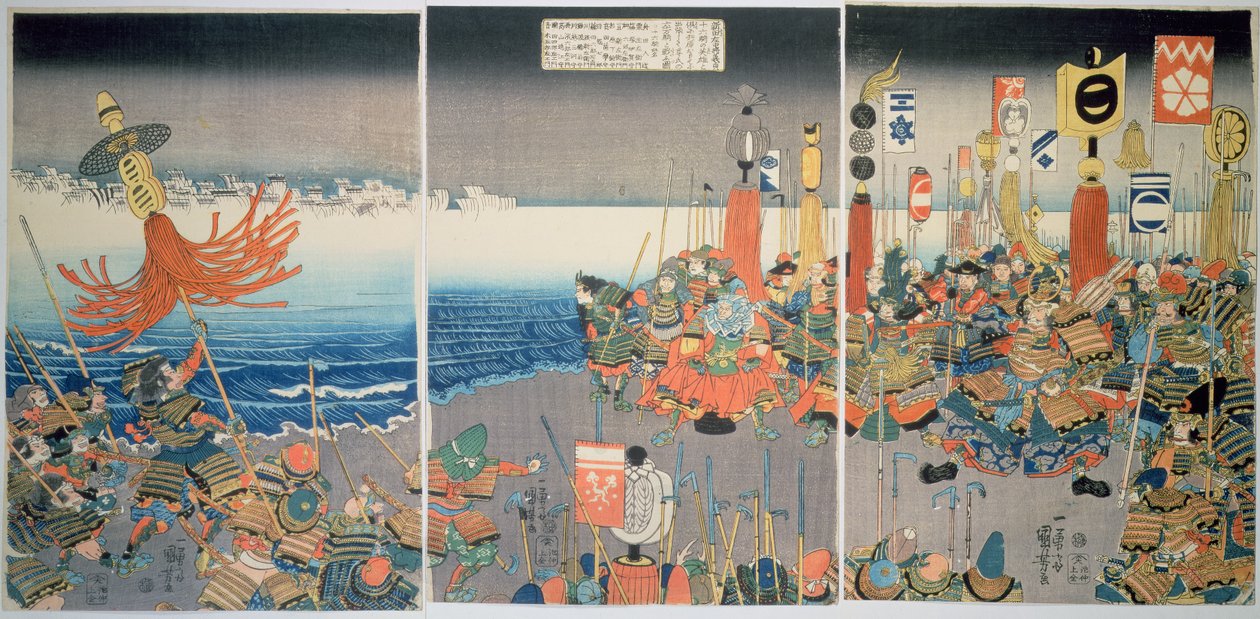 Ashikagan laivasto purjehtii hyökkäykseen Nittaan, n.1840, (värillinen puupiirros). tekijältä Utagawa Kuniyoshi