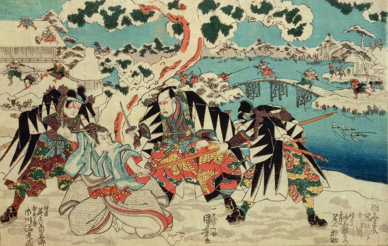"Chushingura" (tarina 47 roninista - mestarittomasta samuraista); kohtaus II näytöksestä, kun roniinit hyökkäävät Moronaon linnaan, pubiin. n. 1854, (värillinen puupainatus) tekijältä Utagawa Kuniyoshi