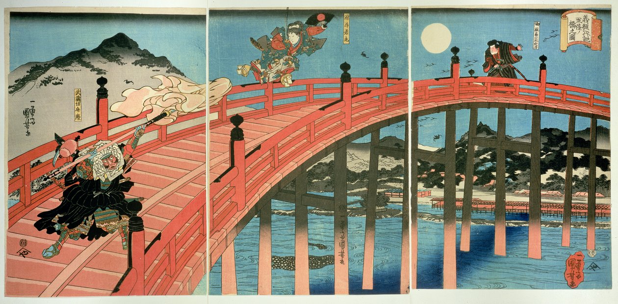 Ushiwaka ja Benkei taistelevat Gojo-sillalla, julkaistu n.1839 (värillinen puupainatus) tekijältä Utagawa Kuniyoshi