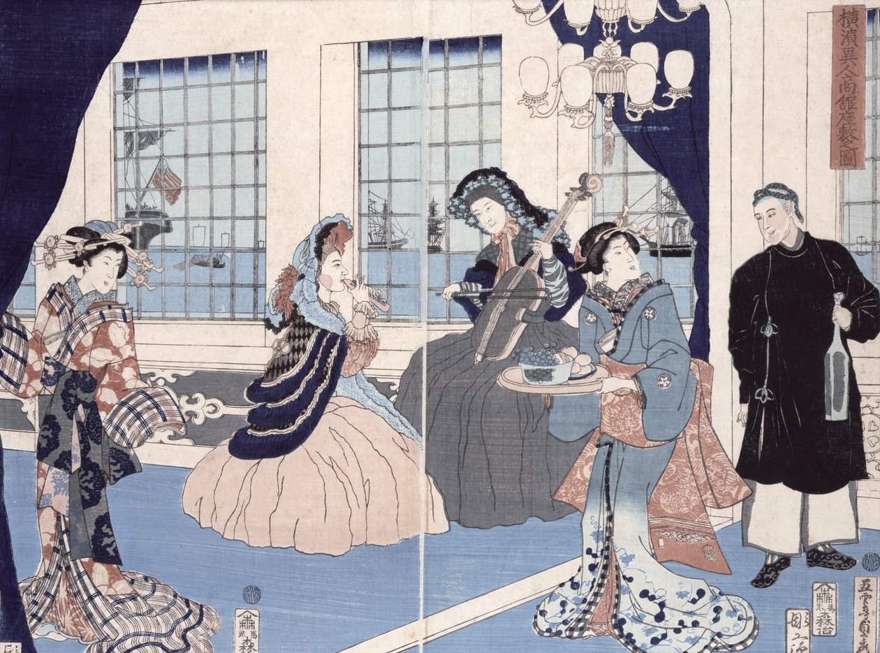 Ulkomaisten kauppiaiden talon salonki Yokohamassa, 1861 (värillinen puupainatus) tekijältä Utagawa Sadahide