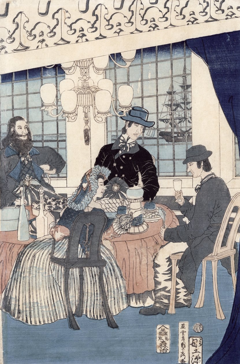 Ulkomaisten kauppiaiden talon salonki Yokohamassa, 1861 (värillinen puupainatus) tekijältä Utagawa Sadahide