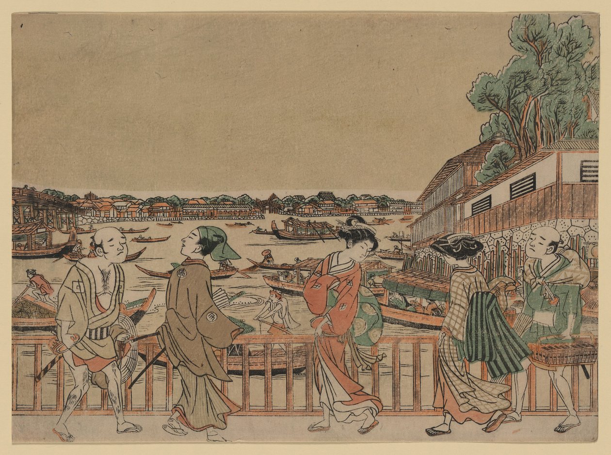 jalankulkijat, jotka ylittävät sillan joen yli, jolla on veneitä tekijältä Utagawa Toyoharu