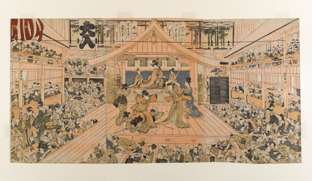 Sisäkuva Kabuki-teatterista Kawarazaki-za, n. 1800-1803 (puupalikkaväripainatus) tekijältä Utagawa Toyokuni
