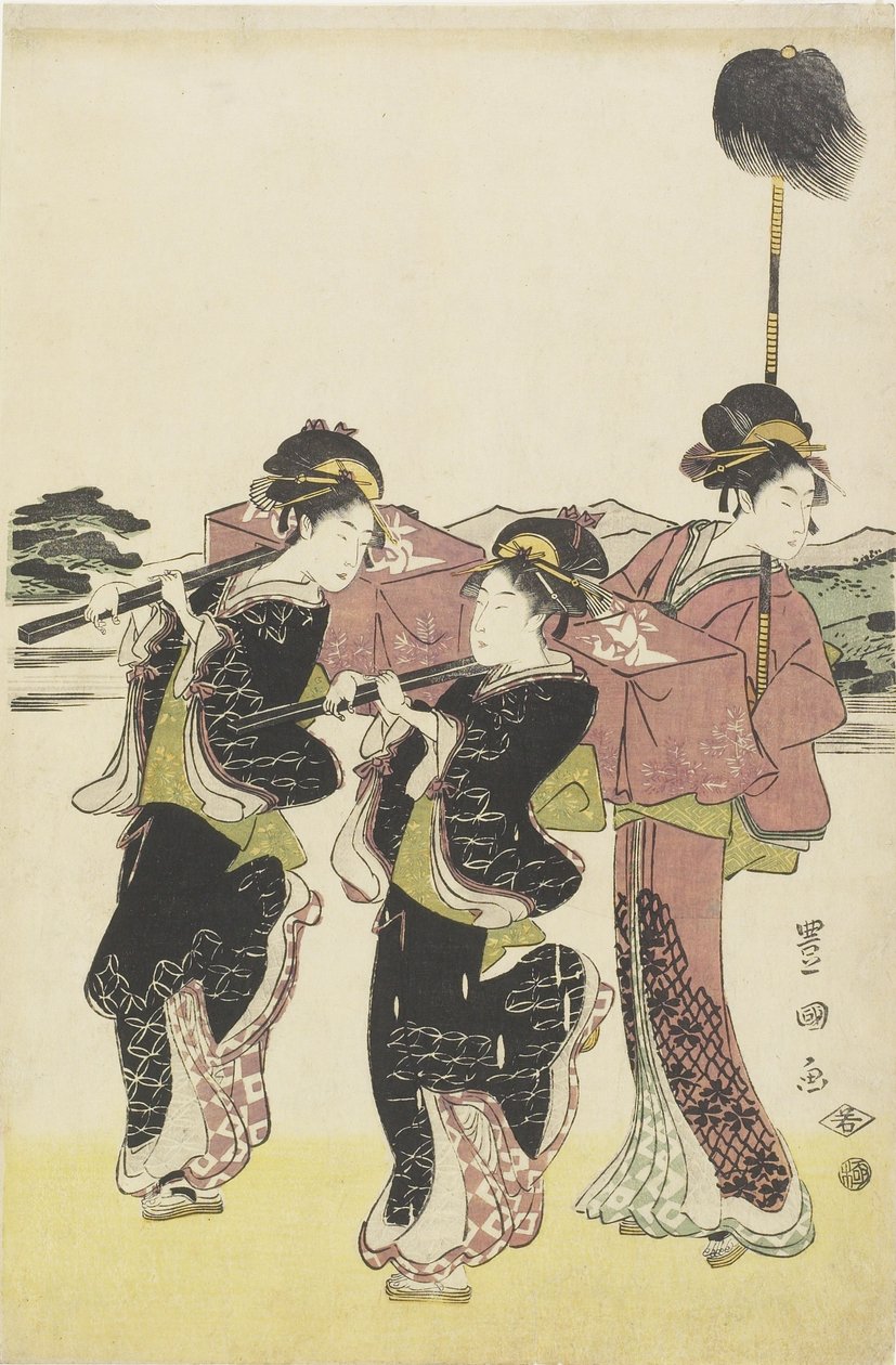 Oiran (korkealuokkainen kurtisaani) matkustaa Daimyo-kulkueen mitaattina, 1700-luvun loppu - 1800-luvun alku tekijältä Utagawa Toyokuni