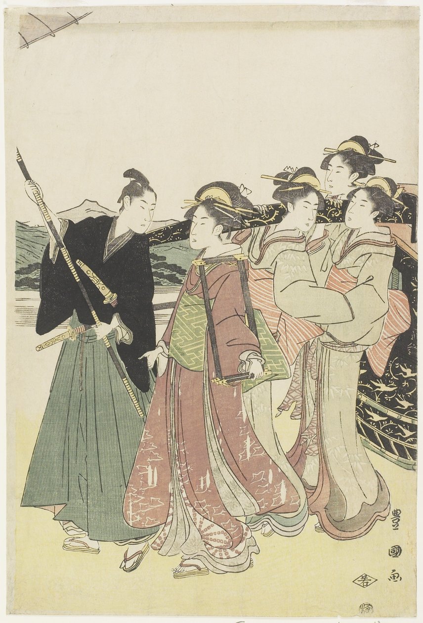 Oiran (korkealuokkainen kurtisaani) matkalla Daimyo_ kulkueen mitatessa, 1700-luvun loppupuoli - 1800-luvun alku tekijältä Utagawa Toyokuni
