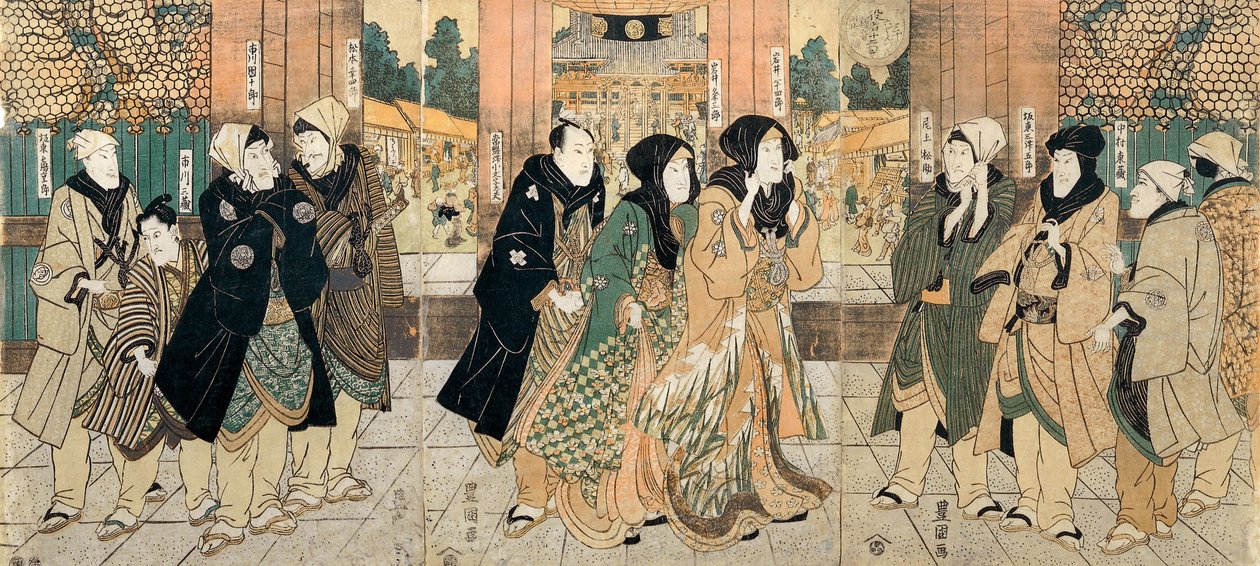 Kabukinäyttelijät (vasemmalta oikealle) Bando Tsurujiro, Ichikawa sanzo, Ichikawa Danjuro VII, Matsumoto K.... tekijältä Utagawa Toyokuni