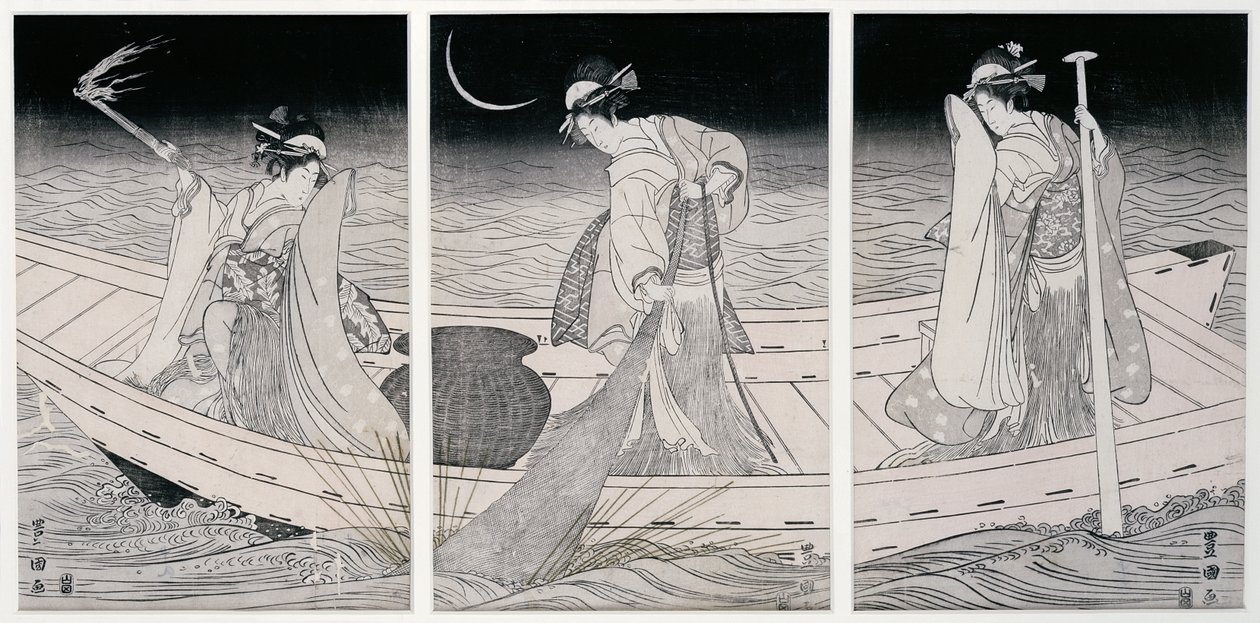 Kolme naista veneessä kalastamassa lampunvalossa (puupainatus) tekijältä Utagawa Toyokuni