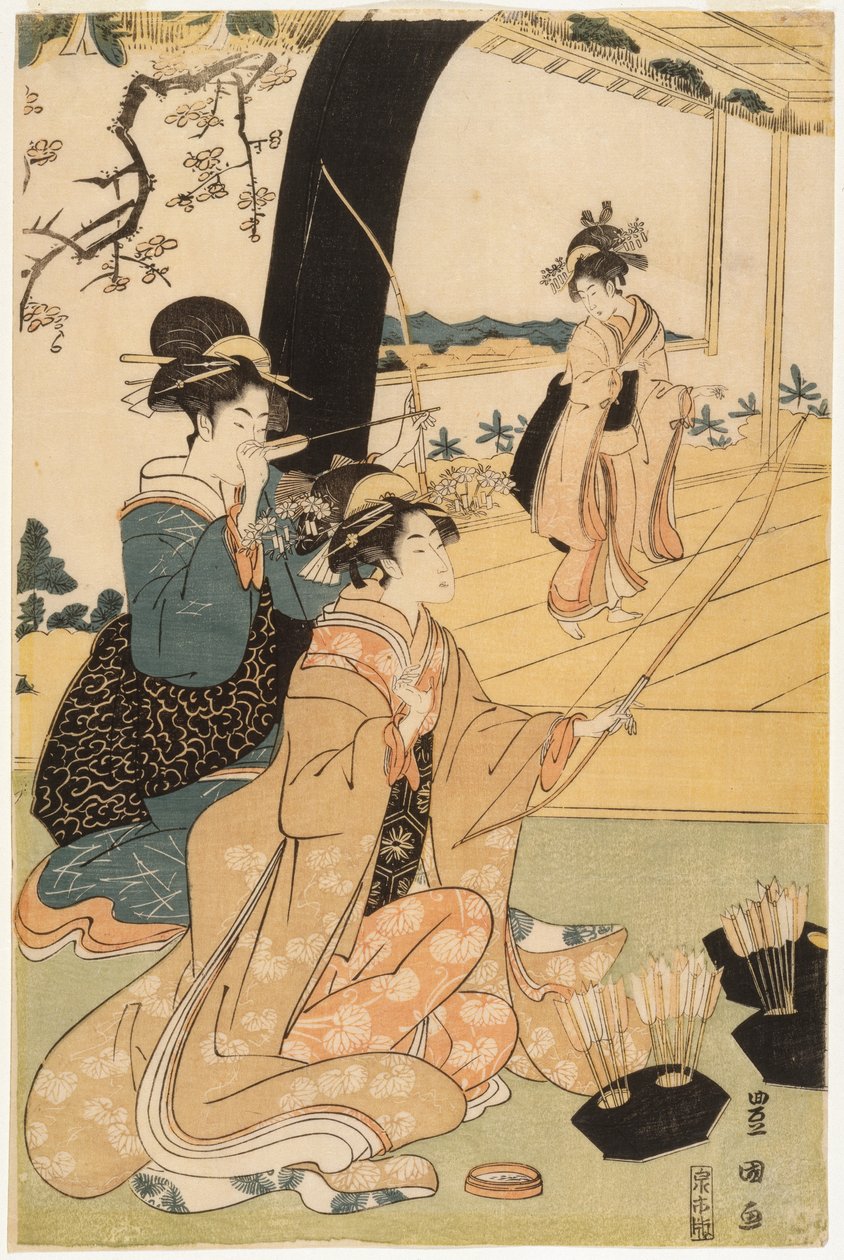 Nuoret samurait ja naispuoliset hoitajat harjoittelevat jousiammuntaa, puoli diptyykkiä, n. 1800 (värillinen puupalikkaprintti) (pari numeroon 499359) tekijältä Utagawa Toyokuni
