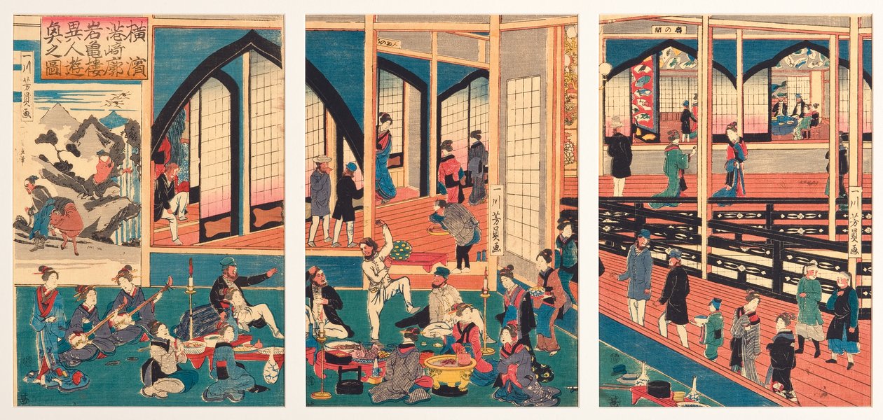 Ulkomaalaiset viihdyttivät Gankirossa Miyosakissa Yokohamassa tammikuussa 1861 (puupalikka) tekijältä Utagawa Yoshikazu