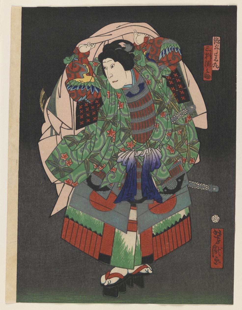 Osaka Kabuki -näyttelijä Gennosuke III, 1868 (värillinen puupalikkaprintti hopealla ja messingillä paperille) tekijältä Utagawa Yoshitaki