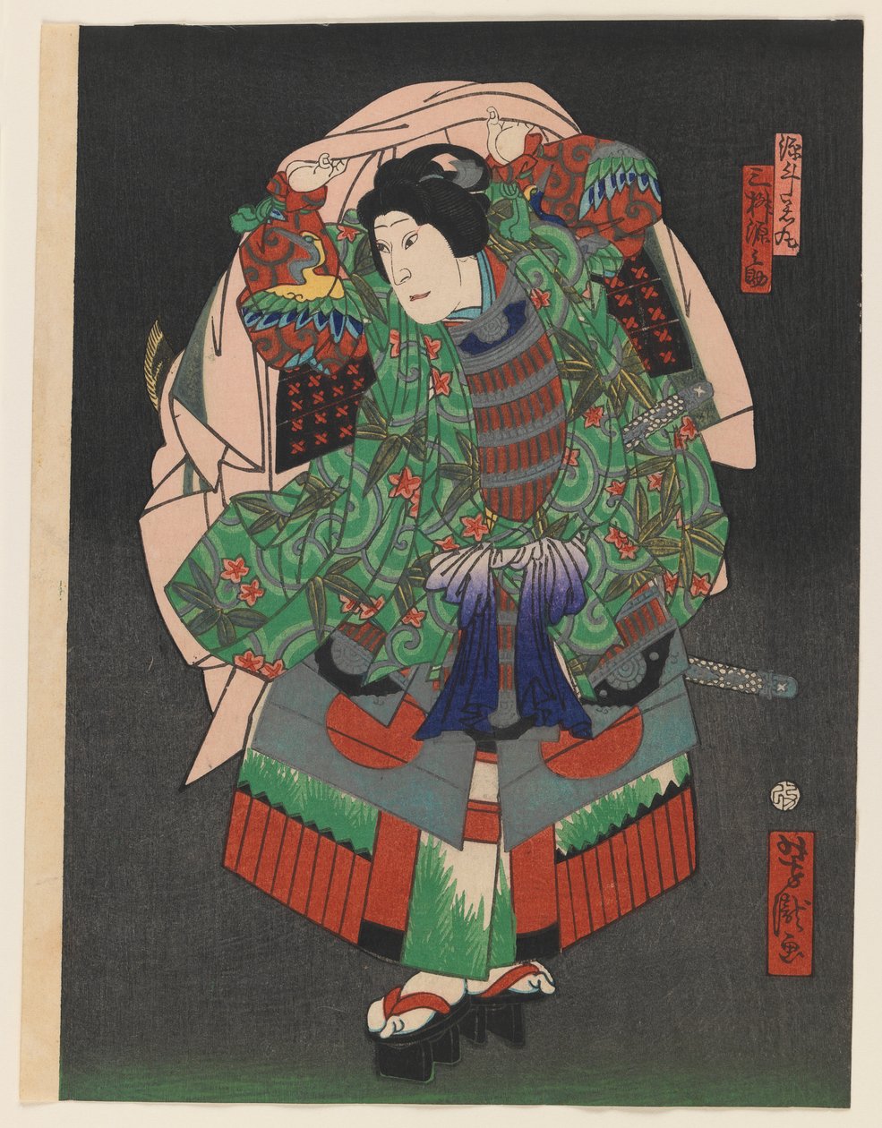 Osaka Kabuki -näyttelijä Gennosuke III, n. 1860 (puupalikkavärikuvio hopealla ja messingillä) tekijältä Utagawa Yoshitaki