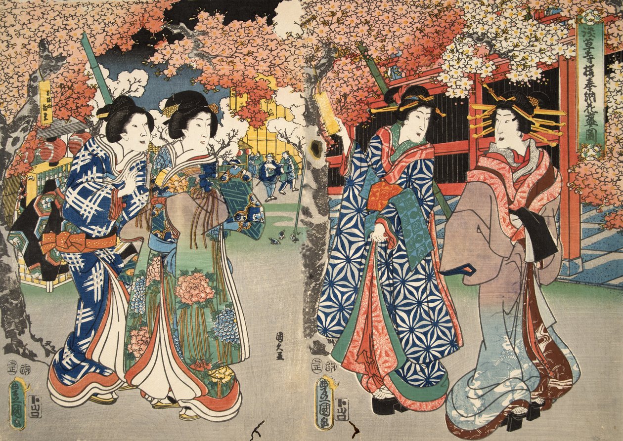 Kohtaus Murasaki Shibukun (s. 978) teoksesta Genji monogatari (Genjin tarina), noin 1860 (värillinen puupiirros). tekijältä Utagawa and Toyokuni Kuniyoshi