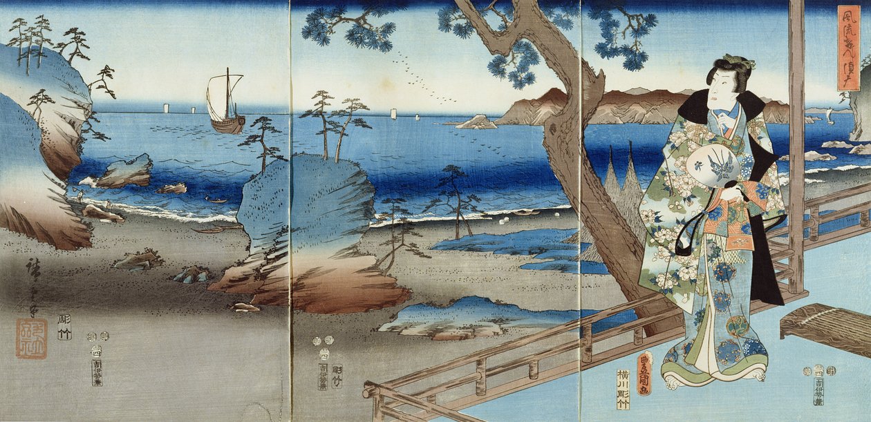 Prinssi Genji katsomassa Suma Beachillä (triptyykki) tekijältä Utagawa  Hiroshige and Kunisada