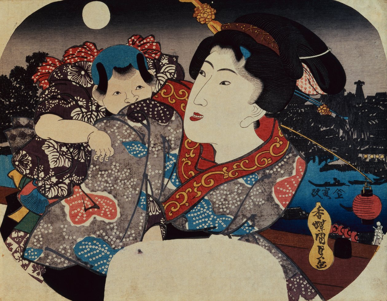 Nainen kantaa lasta selässään (puukiviprintti) tekijältä Utagawa Kunisada