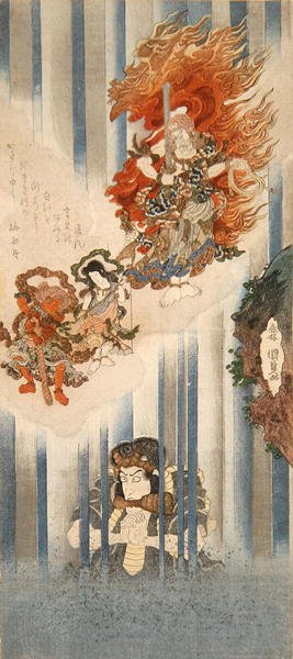 Näyttelijät Ichikawa Danjuro VII Mongakuna ja Matsumoto Koshiro V Fudo-myoona (ylhäällä) tekijältä Utagawa Kunisada