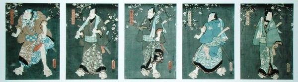 Viisi hahmoa Toyokunin (Pentatych) näytelmästä (katso myös tekijältä Utagawa Kunisada