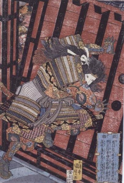 Hangaku puolustamassa porttia, noin 1830 tekijältä Utagawa Kunisada