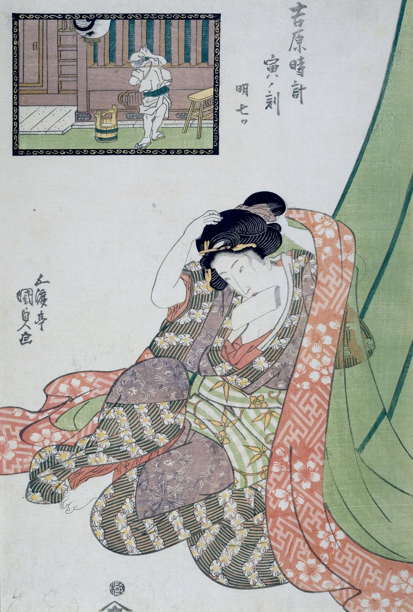 Lohikäärmeen tunti, 5.–7. aamutunti, n. 1818, Ukiyo-e-taidevedos Utagawa Kunisadan (1786-1865) teoksesta The 12 hours in Yoshiwara, Oban-tate-e-puupiirros, 37x24,9 cm tekijältä Utagawa Kunisada