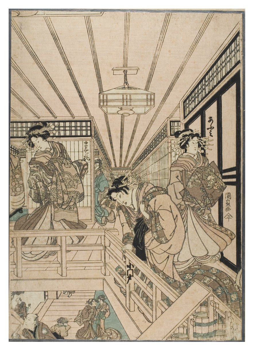 Kohtaus Shin Yoshiwarasta (triptyykki). Bordellin sisätila Yoshiwaran kaupunginosassa, kurtisaaneja ja asiakkaita, noin 1830-1843 (puupiirros paperille). tekijältä Utagawa (1786-1865) Kunisada