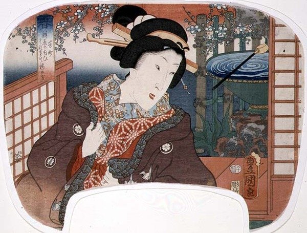 Kevät, Yoshi-cho; Geisha puutarhassa, design tuulettimelle neljästä vuodenaikoja kuvaavasta sarjasta tekijältä Utagawa Kunisada