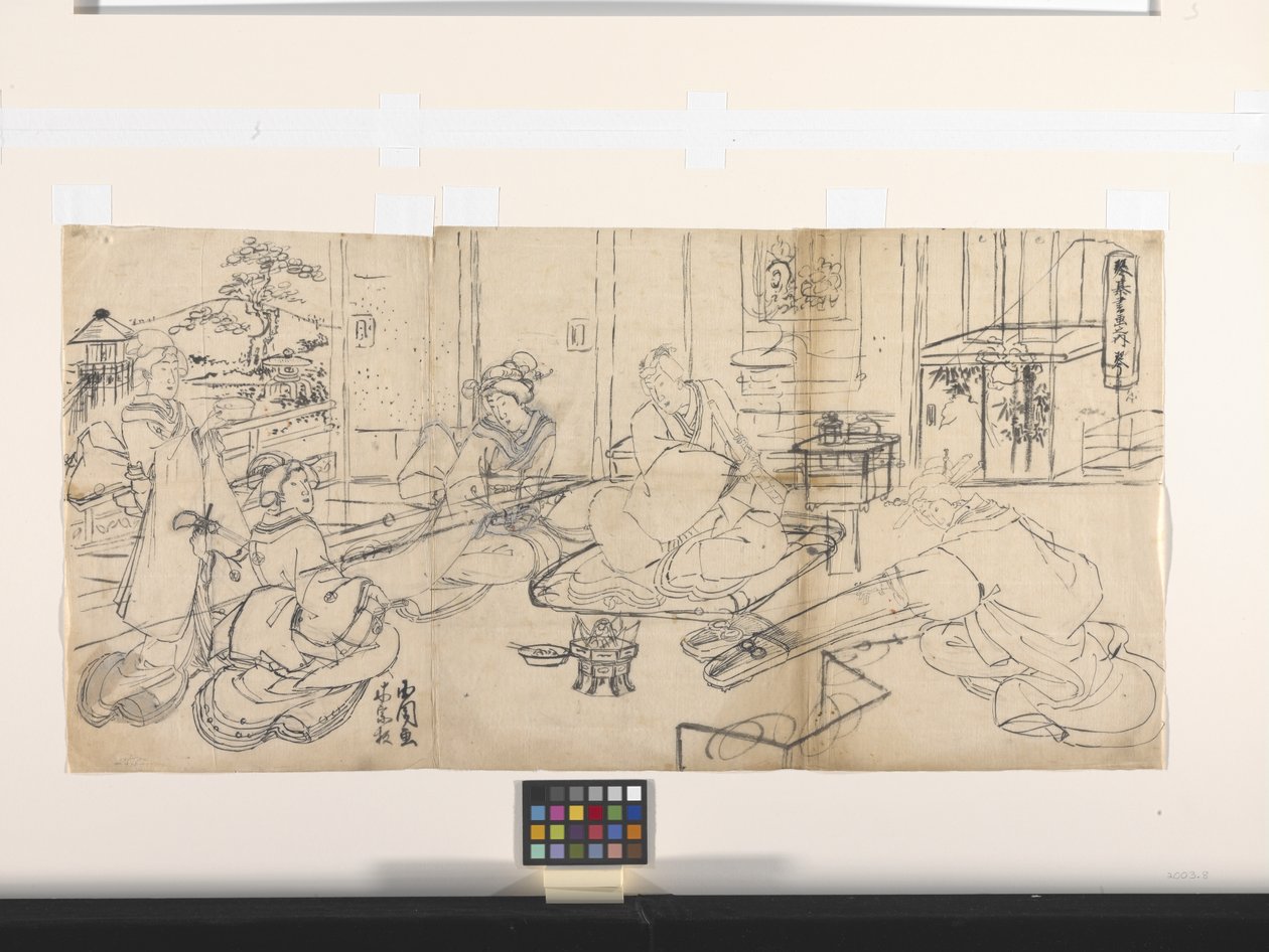 Neljä saavutusta (Musiikki, Go, Kalligrafia, Maalaus): Musiikki (Koto) (muste paperille) tekijältä Utagawa (1786 1865) Kunisada