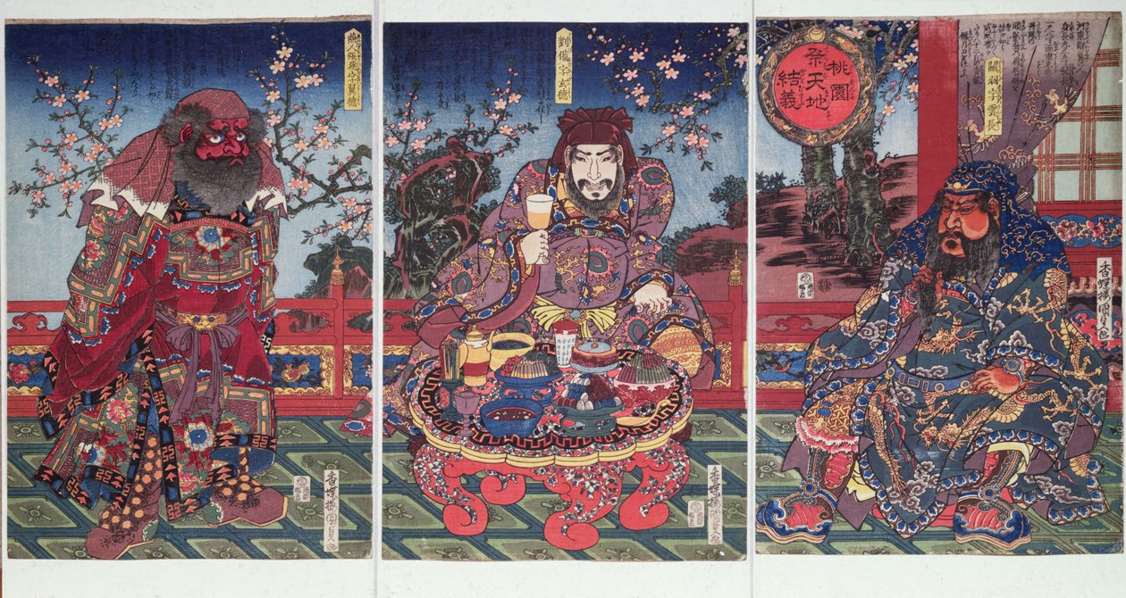 Uskollisuuden lupaus persikkatarhassa (värillinen puupainatus) tekijältä Utagawa Kunisada