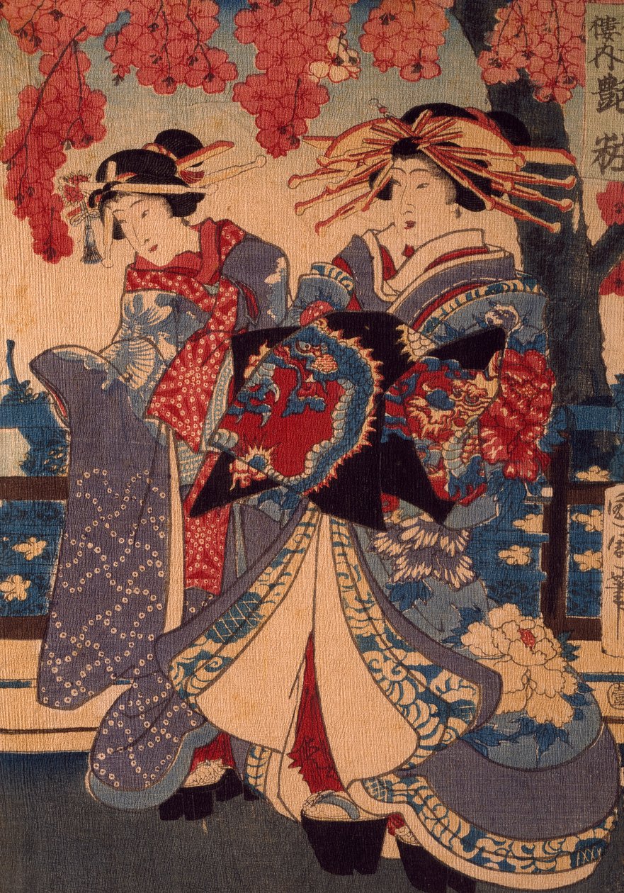 Kaksi naista kukkapuutarhassa, Utagawa Kunisada, puupiirros, kreponitekniikka tekijältä Utagawa Kunisada