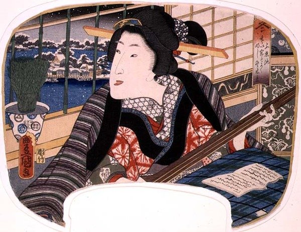 Talvi, Shinobazu Pond; Geisha harjoittelee balladia, design fanille neljän vuodenaikoja kuvaavasta sarjasta tekijältä Utagawa Kunisada