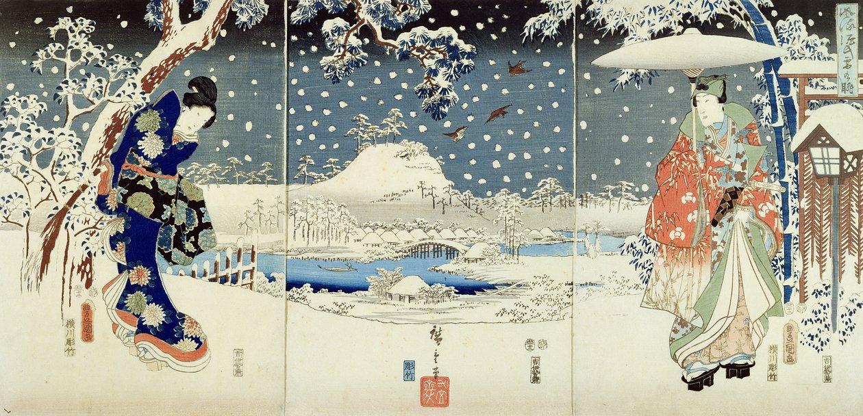 Lumikohtaus Daimyon puutarhassa (triptyykki) tekijältä Utagawa  Hiroshige and Kunisada
