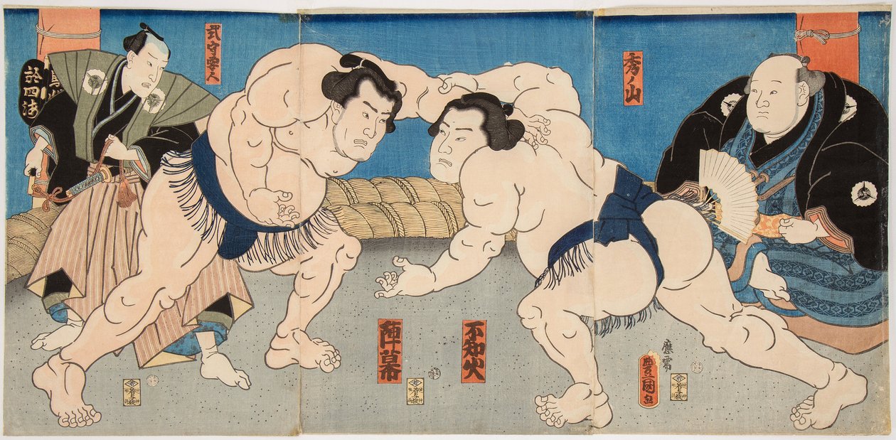 Combat des lutteurs de sumo Shiranui et Jimmaku. Estampe de Utagawa Kunisada (1786-1865), versus 1860 - Painiottelu Shiranui vs Jimmaku, kirjoittaja Kunisada (Toyokuni III), Utagawa (1786-1865). Värillinen puupiirros tekijältä Utagawa Kunisada